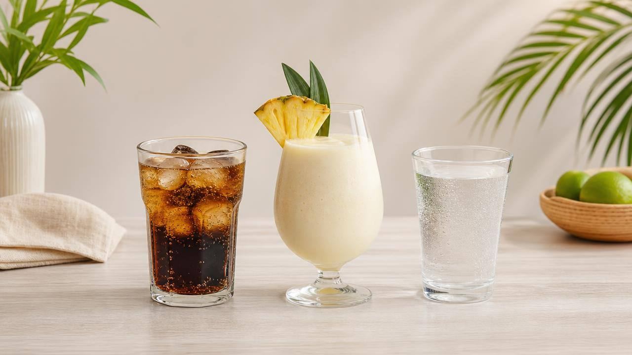 Copo de refrigerante, drinque cremoso e água sobre mesa clara, representando a comparação entre bebidas calóricas e escolhas para emagrecimento.