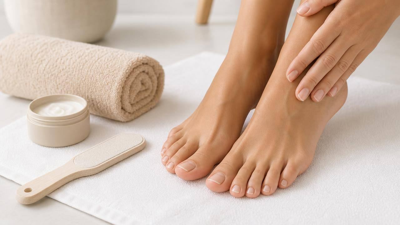 Pés bem cuidados sobre toalha clara, com creme hidratante e lixa suave ao lado