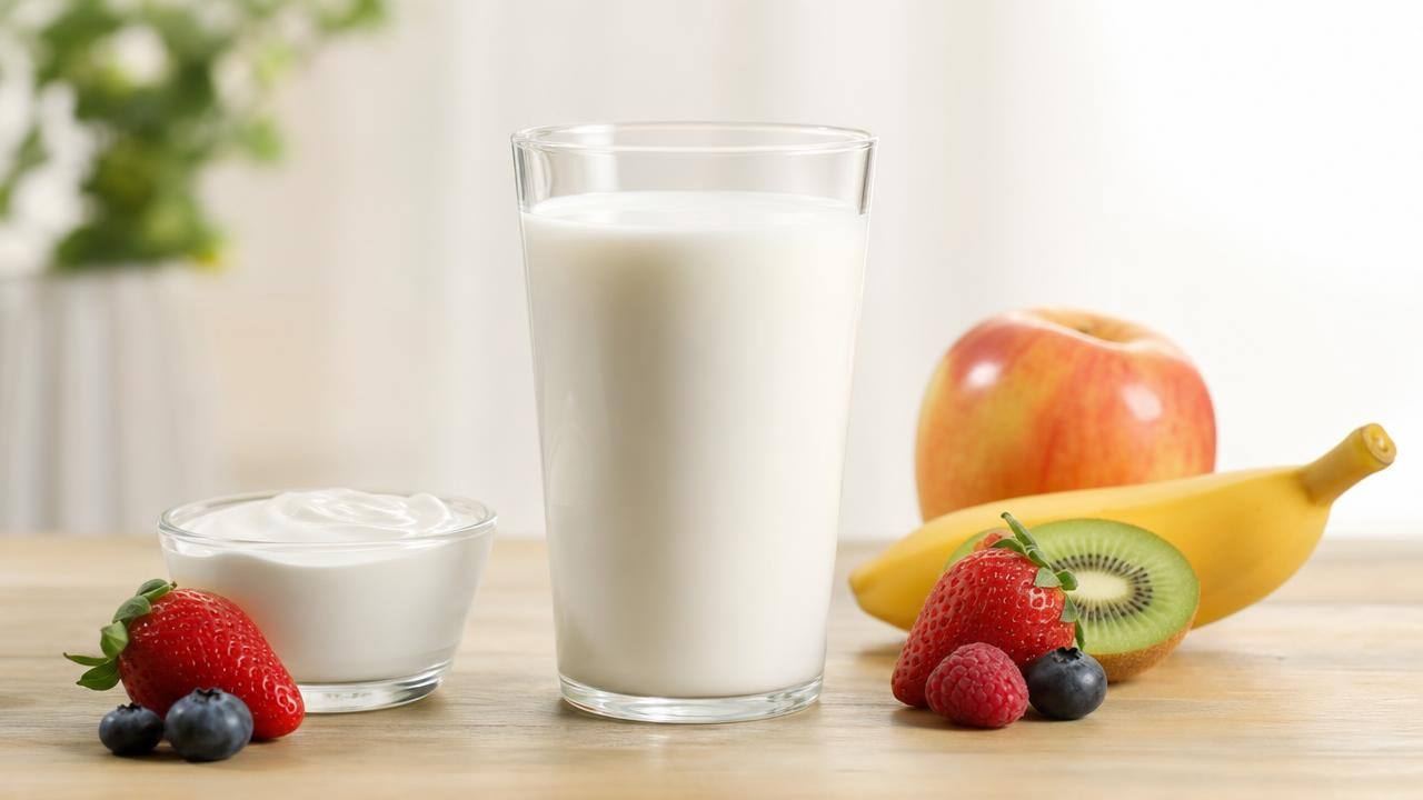 Copo de leite ao lado de alimentos naturais em mesa clara, representando alimentação equilibrada