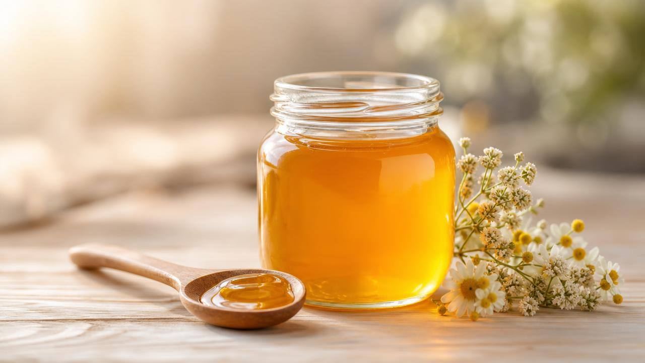 Pote de mel com colher de madeira e flores em uma mesa clara, em composição editorial limpa