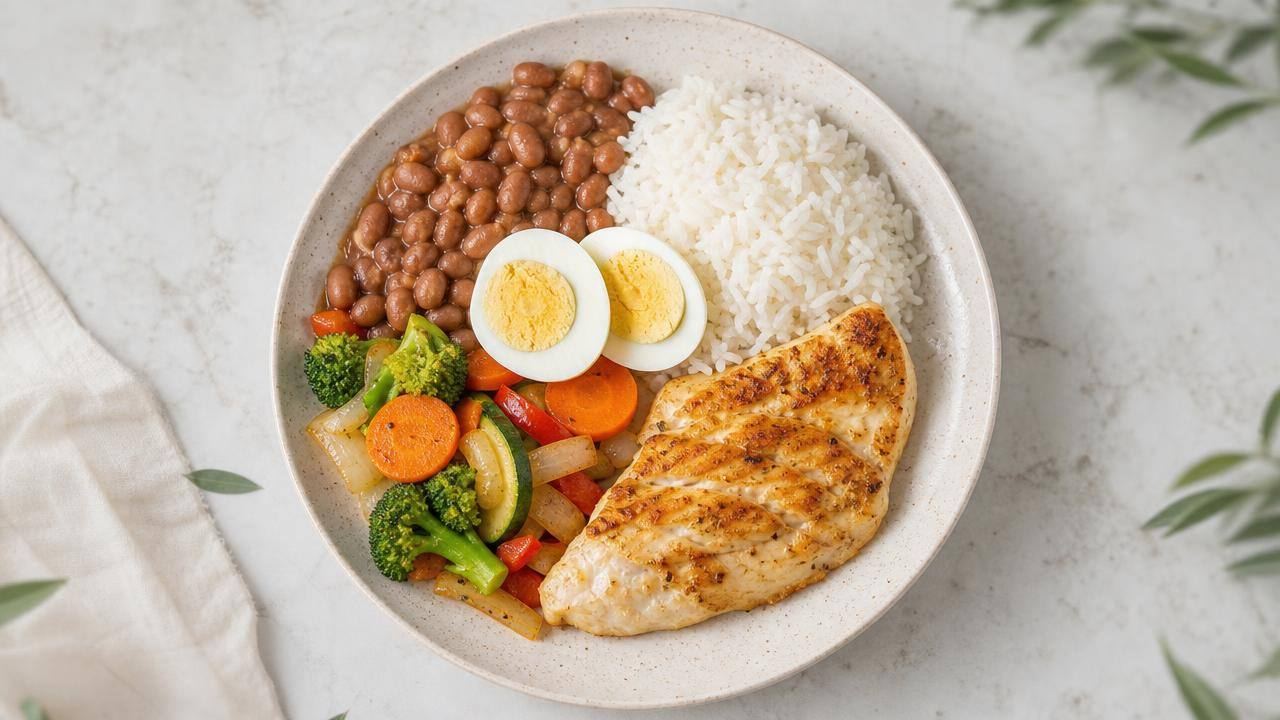 Prato equilibrado com feijão, arroz, ovo, vegetais e peixe como fontes de proteína
