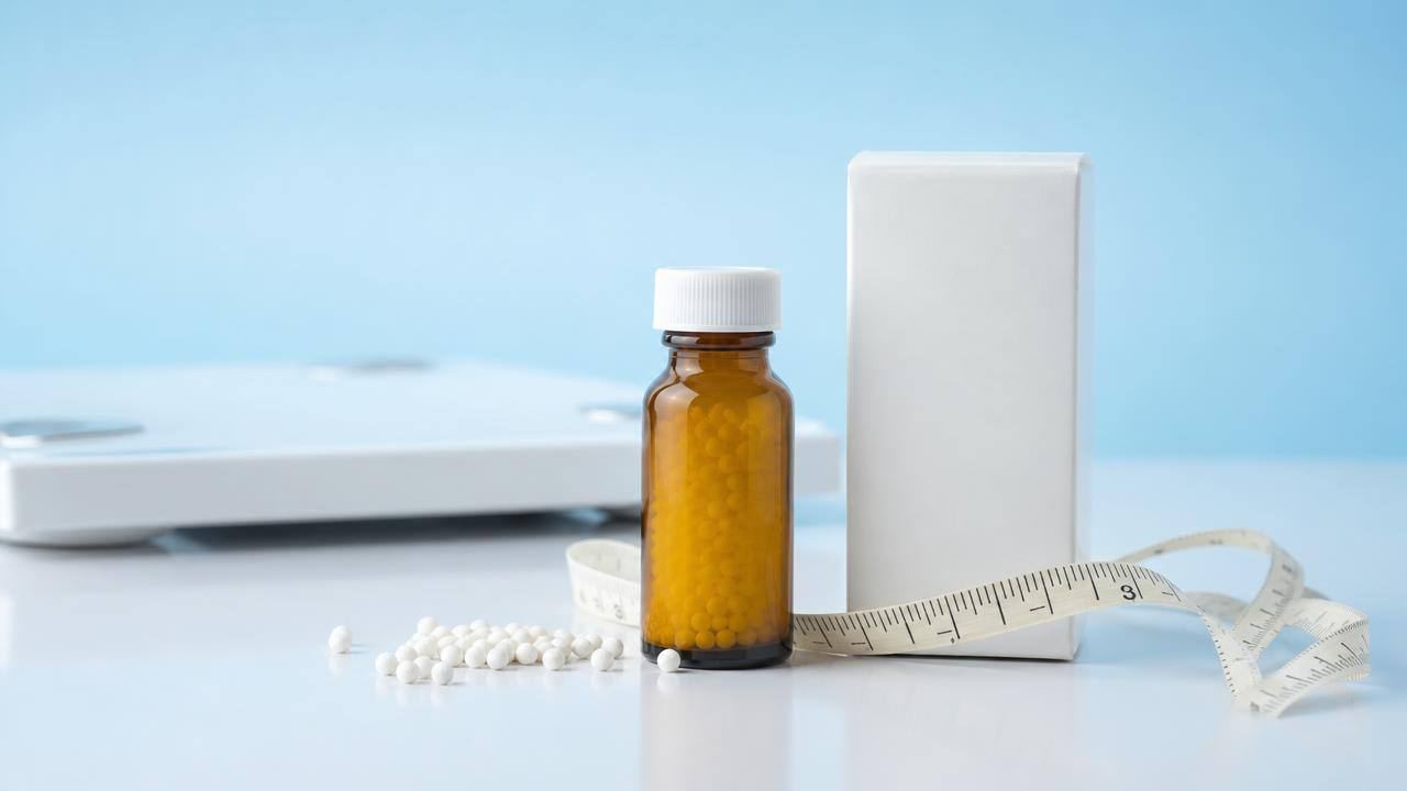 Embalagem genérica de medicamento homeopático ao lado de fita métrica e balança em fundo claro