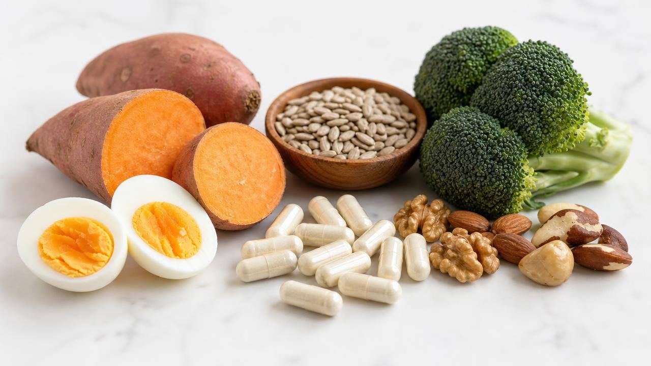 Cápsulas de biotina ao lado de alimentos fontes de vitamina B7, como ovo cozido, sementes e castanhas
