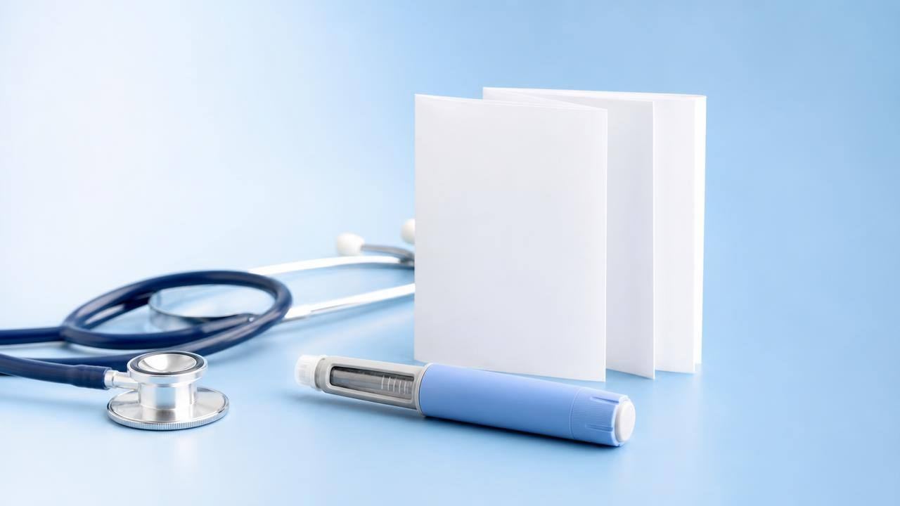 Caneta injetável sem marca ao lado de folheto de orientações médicas sobre semaglutida