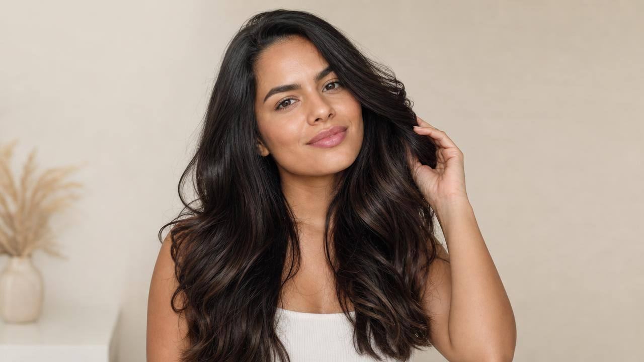 Mulher com cabelo saudável e volumoso tocando suavemente os fios diante de fundo claro e minimalista