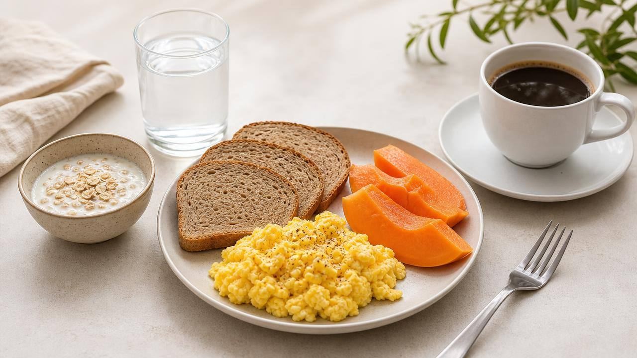 Café da manhã equilibrado com fruta, ovos, pão integral e café sem açúcar sobre mesa clara