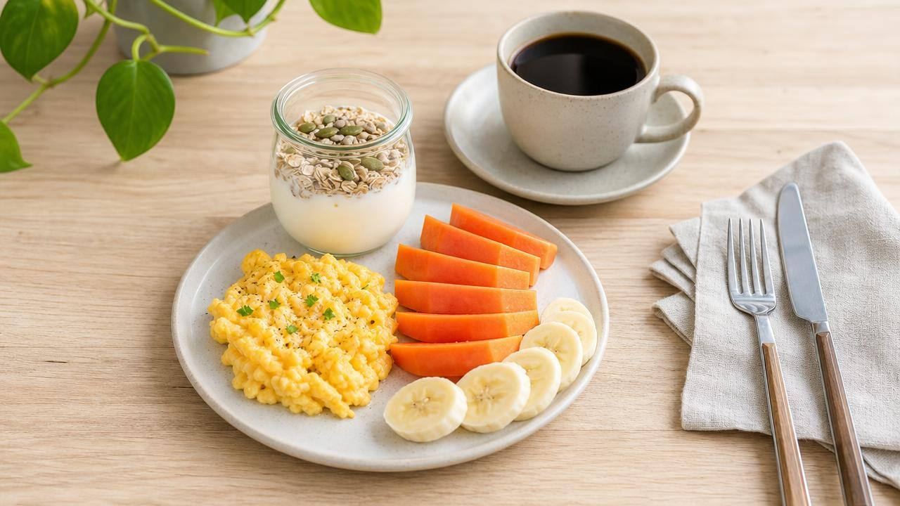 Café da manhã equilibrado com ovos, frutas, aveia e café sem açúcar em mesa clara