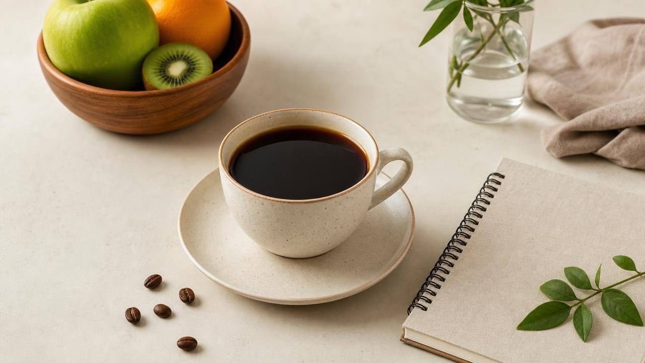 Xícara de café preto ao lado de grãos de café e frutas frescas sobre mesa clara, em composição editorial limpa