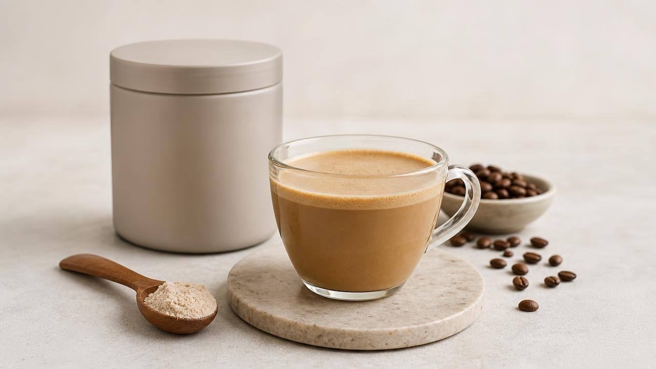 Xícara de café proteico ao lado de ingredientes simples em uma bancada clara e organizada