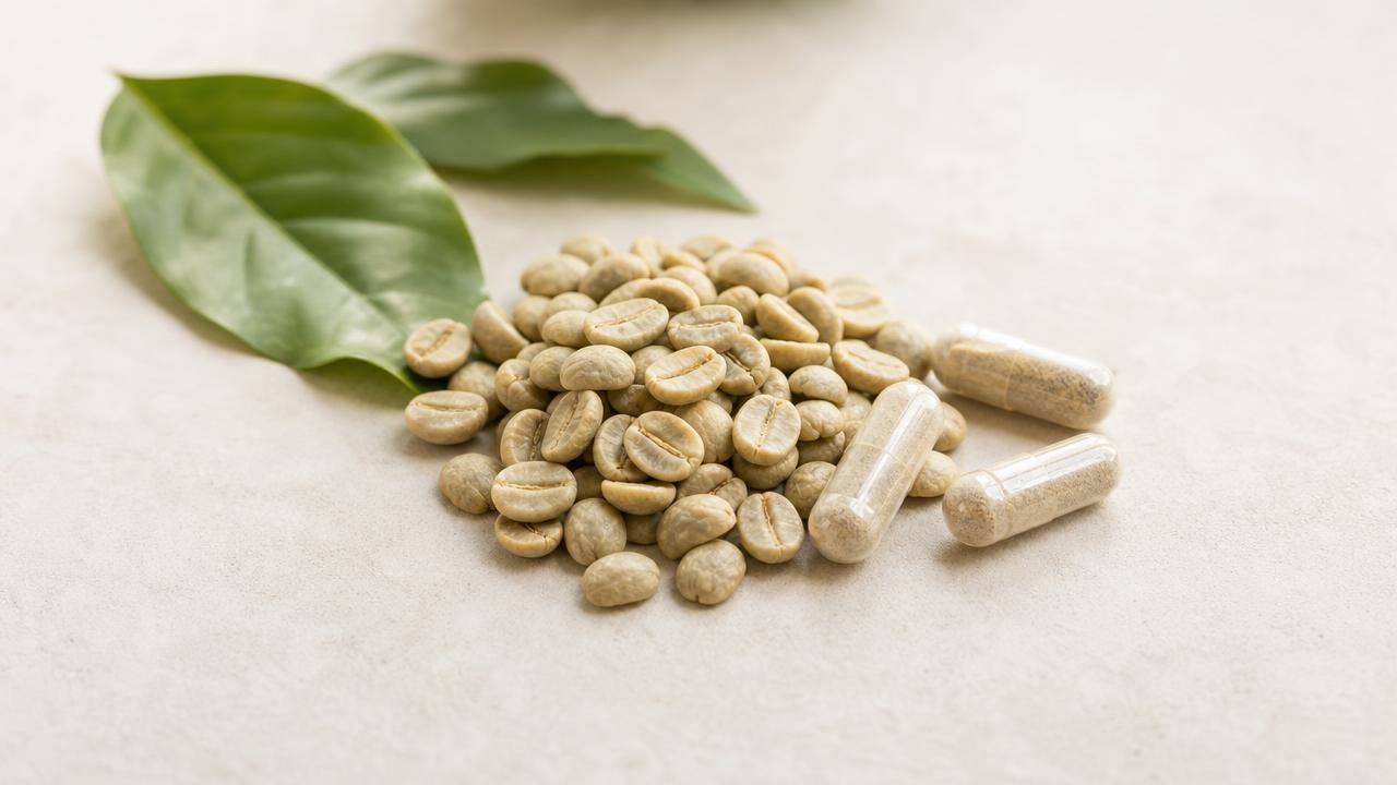 Cápsulas e grãos de café verde não torrados sobre uma superfície clara