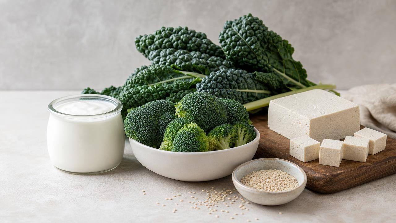 Alimentos fonte de cálcio em uma mesa, com iogurte natural, couve, brócolis e sementes, em composição limpa e editorial