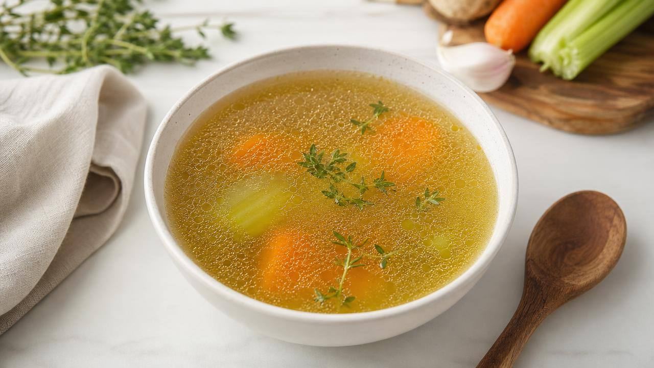 Tigela de caldo de ossos caseiro com legumes, ervas frescas e colher sobre mesa clara