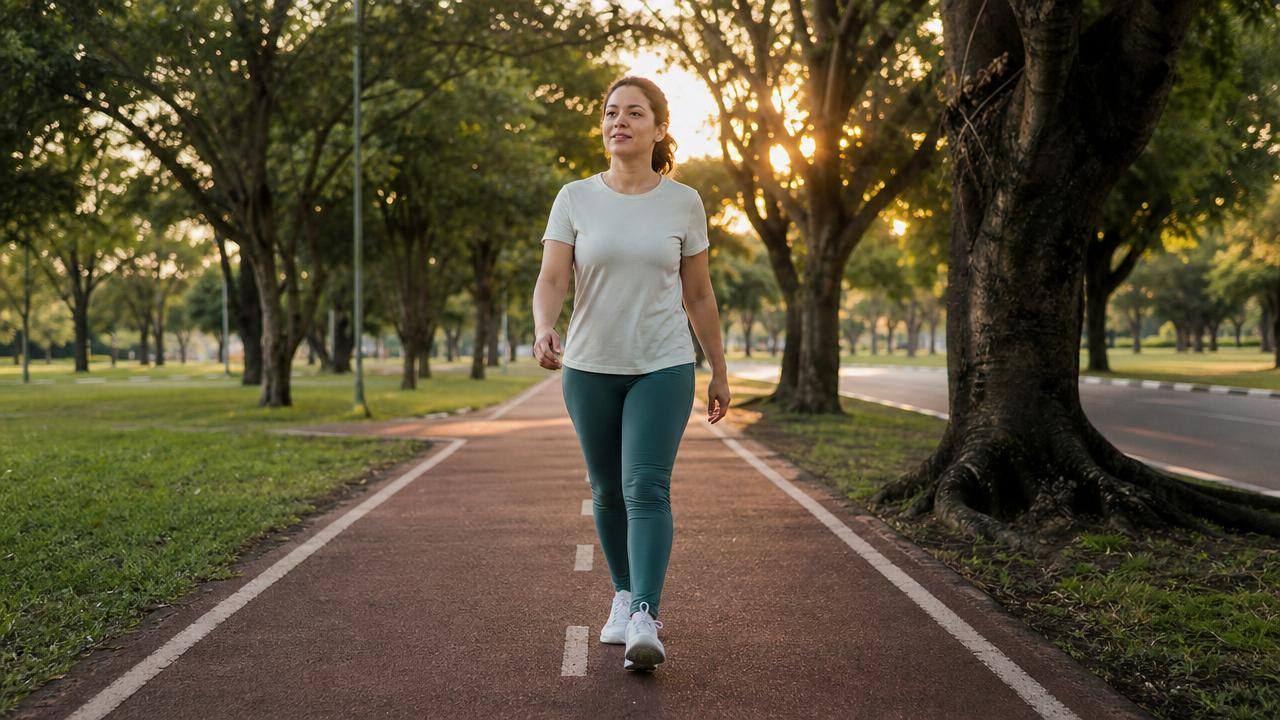 Pessoa caminhando em um parque urbano ao amanhecer, com roupas esportivas leves e visual editorial limpo