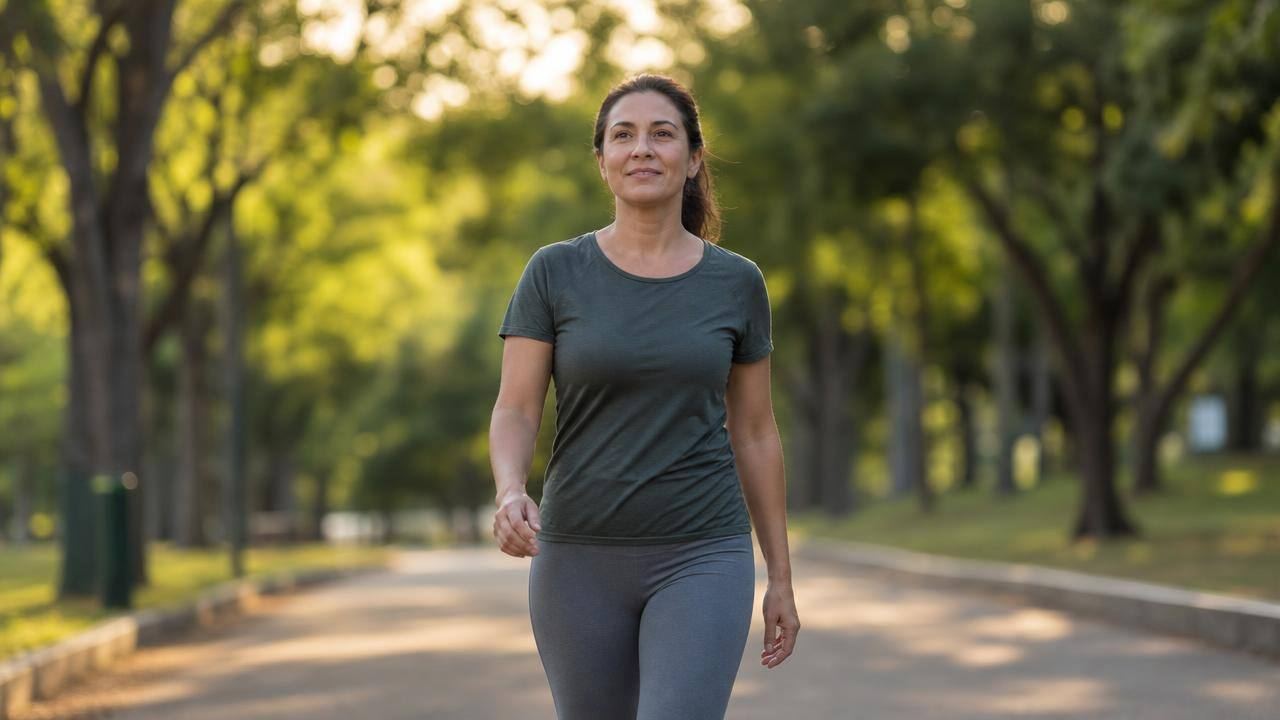 Pessoa caminhando em um parque urbano ao amanhecer, em cenário calmo e com vegetação