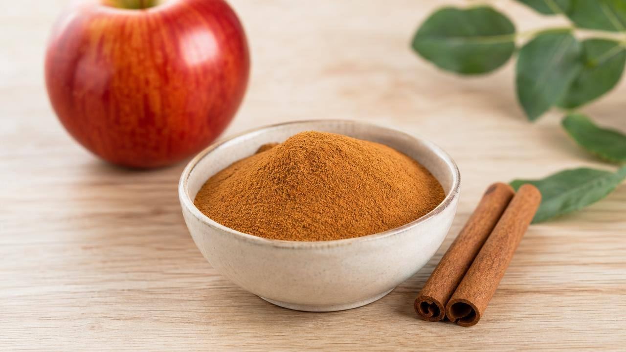 Canela em pó em pequena tigela ao lado de paus de canela, sobre mesa clara e limpa