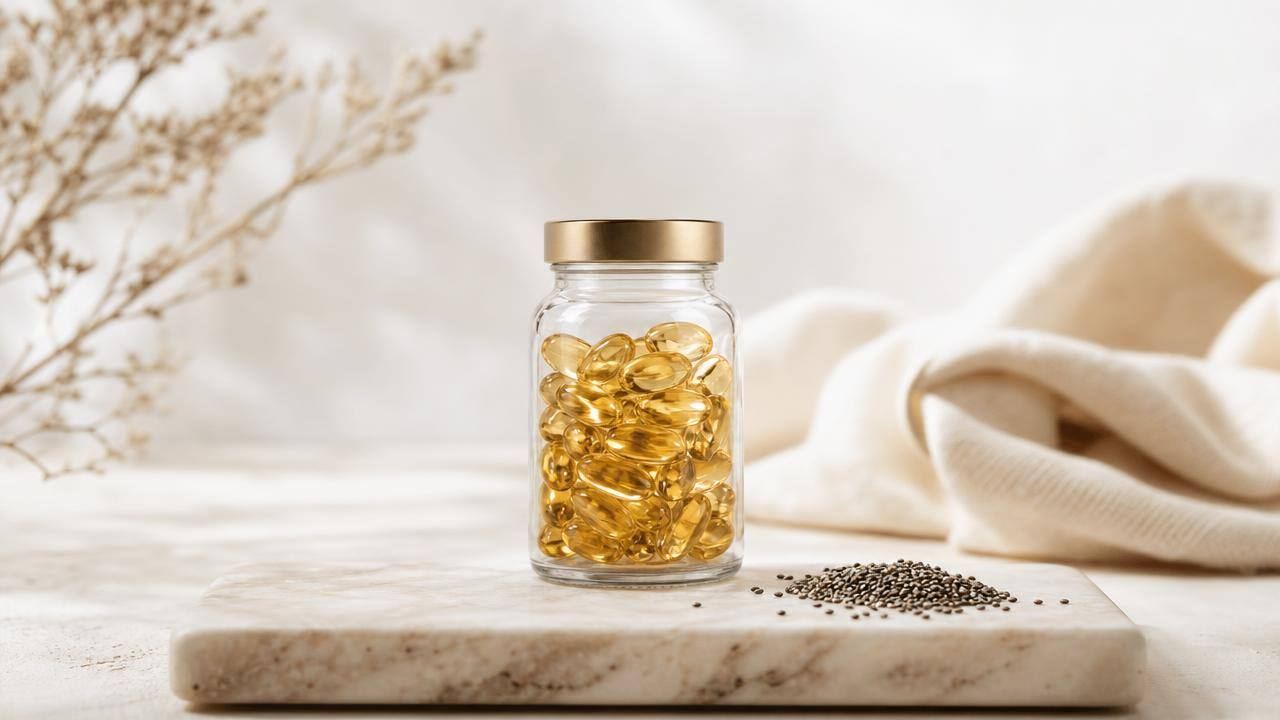 Frasco de cápsulas de óleo de chia ao lado de sementes de chia sobre superfície clara