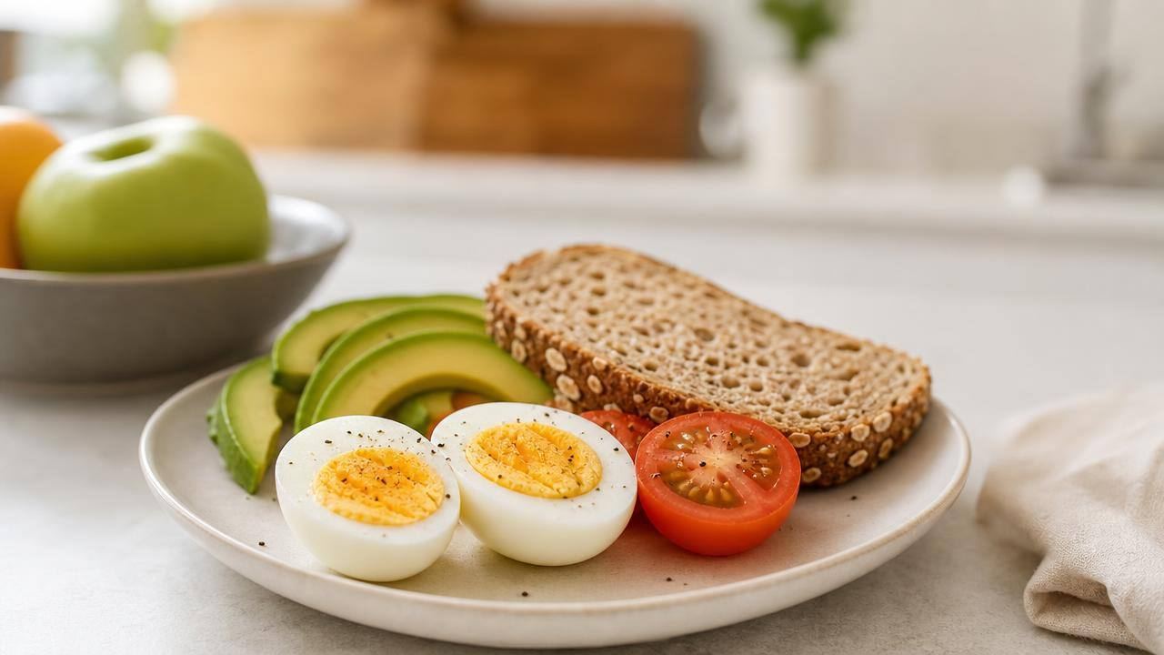 Ovos cozidos em prato claro acompanhados de pão integral, frutas e vegetais em composição alimentar equilibrada