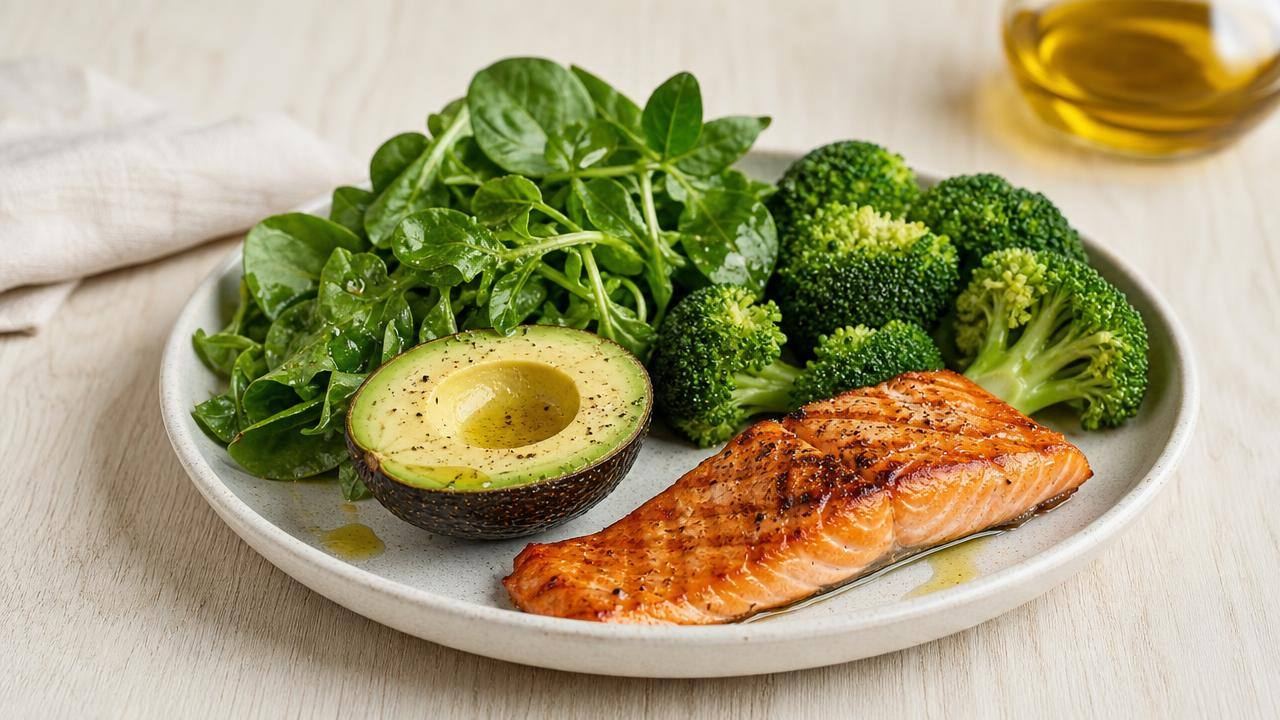 Prato cetogênico com salmão, abacate, folhas verdes e azeite em mesa clara