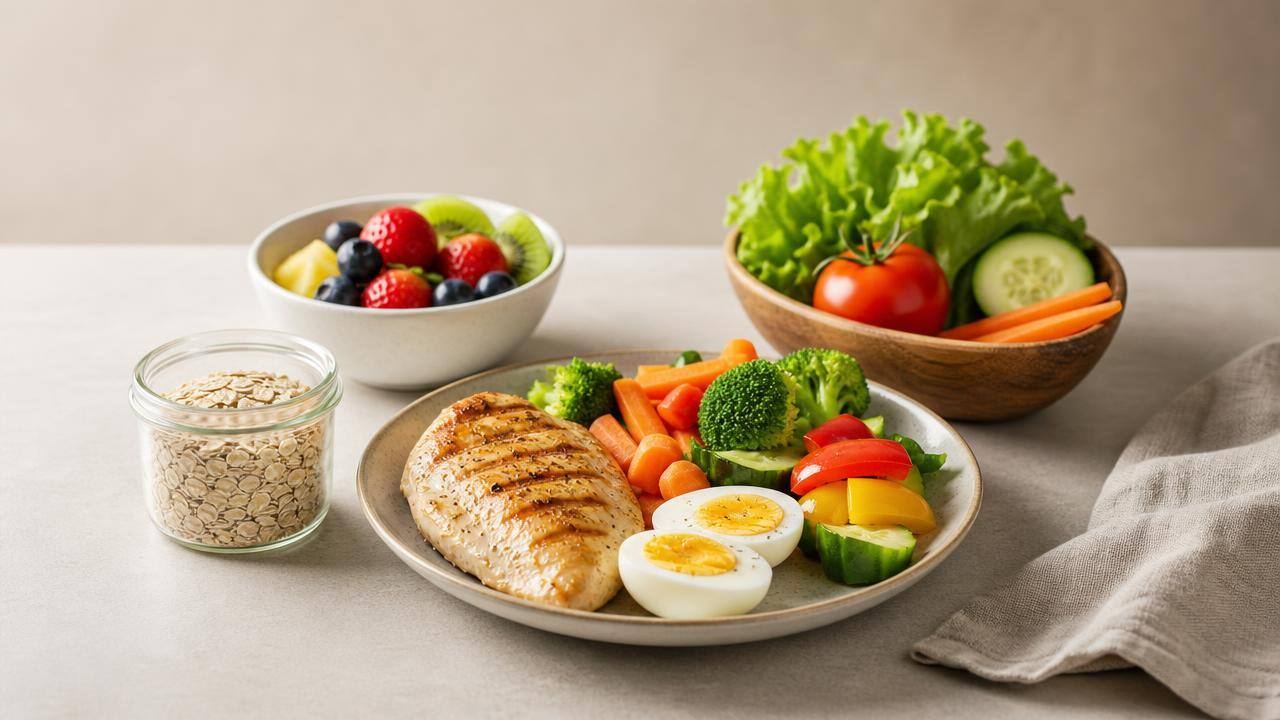 Prato equilibrado com frango grelhado, legumes frescos, aveia e frutas, representando o tema cardápio da dieta Dukan com abordagem informativa
