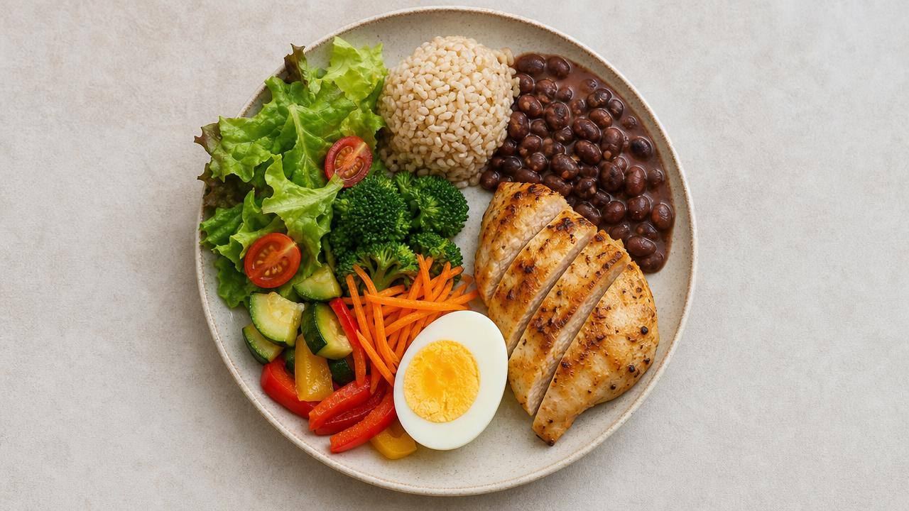 Prato equilibrado com frango grelhado, feijão, salada e legumes para ilustrar cardápio rico em proteínas