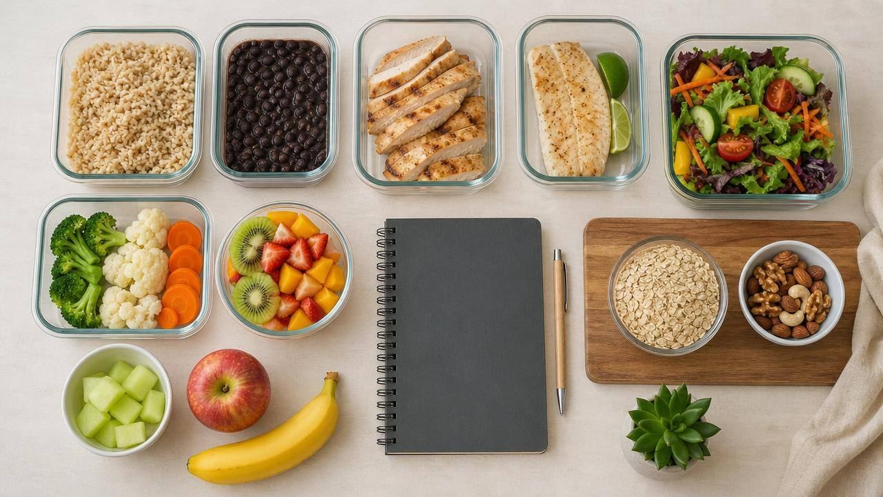 Cardápio semanal equilibrado com arroz, feijão, legumes, frutas e proteína em mesa organizada