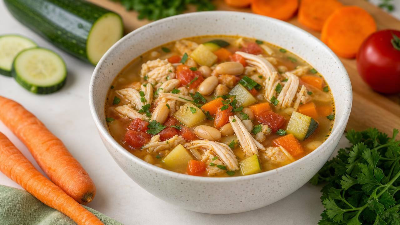 Tigela de sopa de legumes com frango desfiado, acompanhada de ingredientes frescos em uma mesa clara