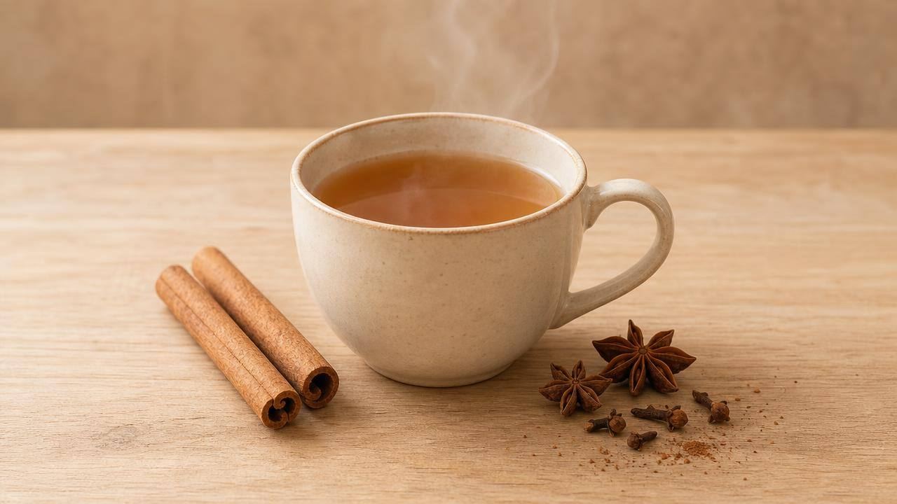 Xícara de chá de canela com paus de canela sobre mesa clara