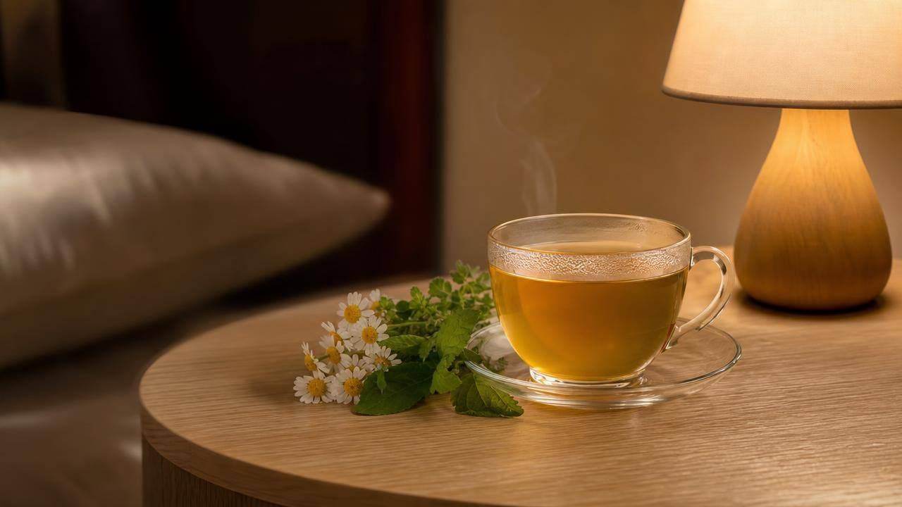 Xícara de chá de ervas sem cafeína ao lado de flores de camomila em mesa de cabeceira, em ambiente noturno tranquilo