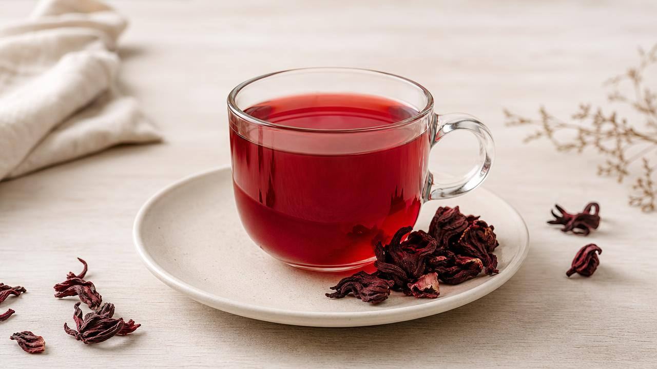 Xícara de chá de hibisco vermelho ao lado de cálices secos de hibisco sobre uma mesa clara