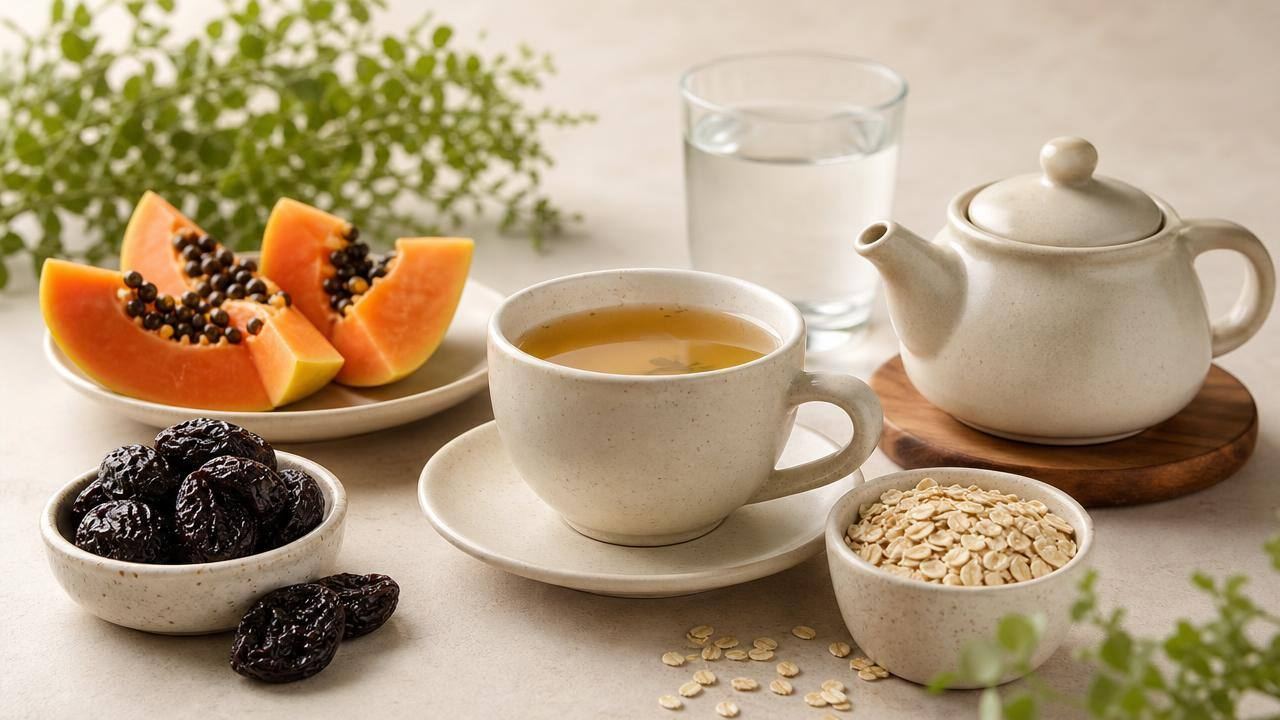 Xícara de chá de ervas ao lado de frutas, aveia e um copo de água, representando cuidados equilibrados para prisão de ventre.
