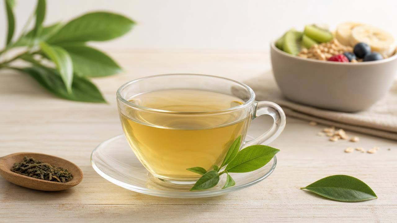Xícara de chá sem açúcar ao lado de folhas verdes e uma pequena tigela de frutas, em mesa clara