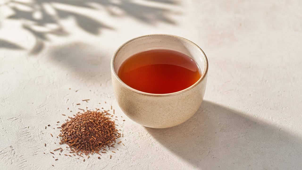 Xícara de chá de rooibos em mesa clara, com folhas secas ao lado