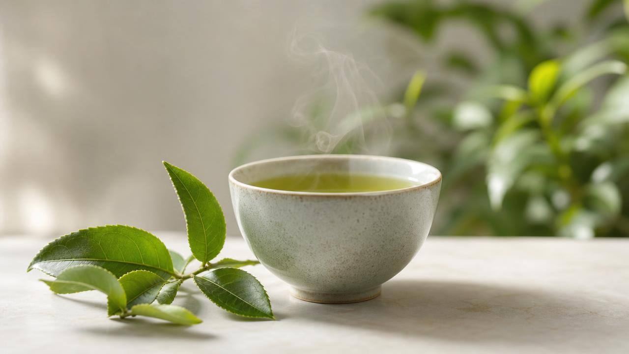 Xícara de chá verde com folhas de Camellia sinensis em composição editorial limpa