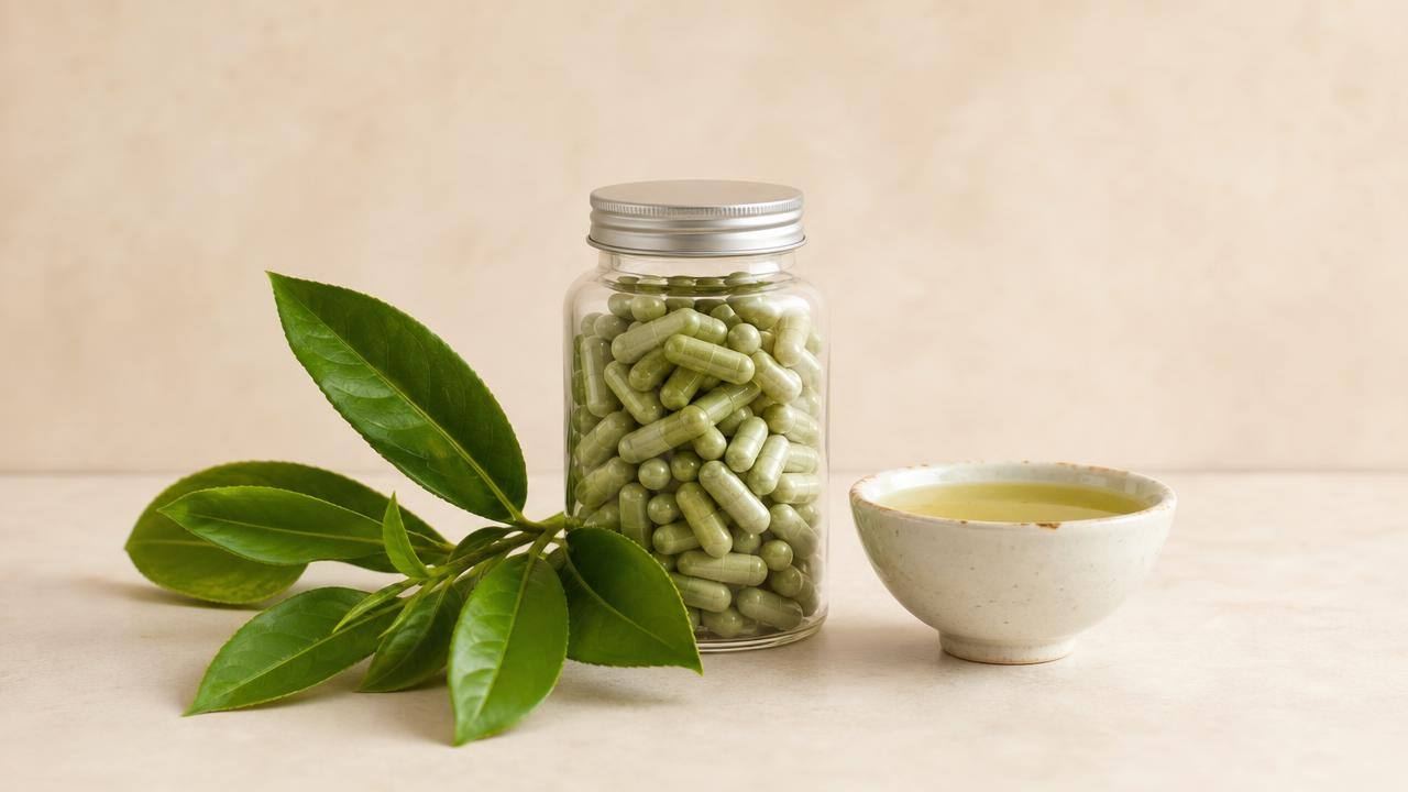 Frasco de cápsulas de chá verde ao lado de folhas de Camellia sinensis, em composição limpa e editorial