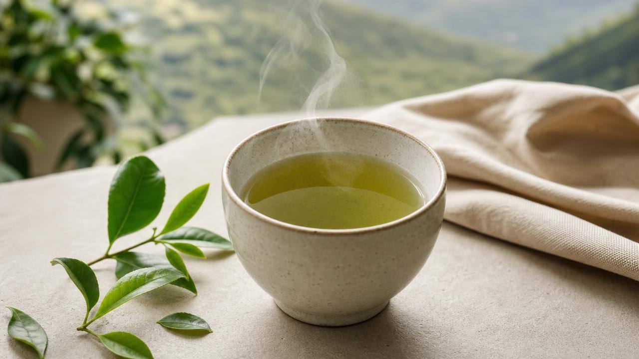 Xícara de chá verde com folhas de Camellia sinensis em composição limpa e iluminada