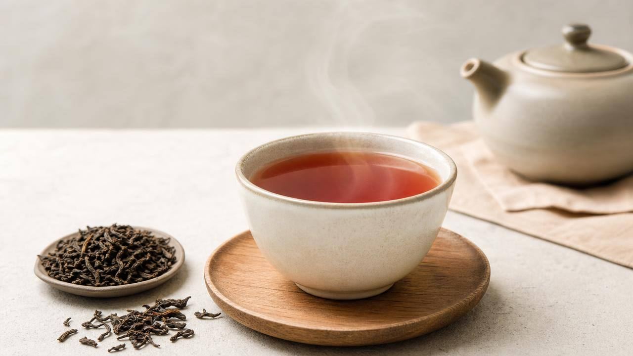 Xícara de chá vermelho pu-erh em mesa clara, com folhas de chá ao lado