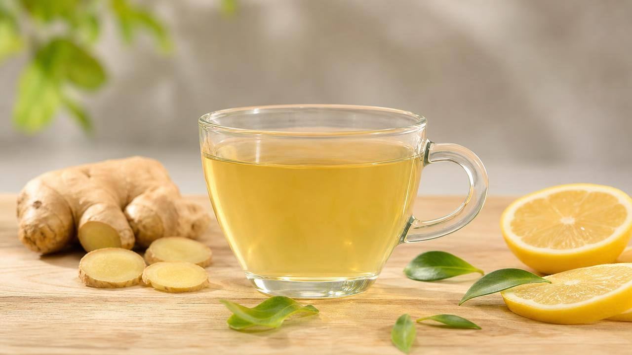 Xícara de chá claro com folhas e gengibre sobre mesa limpa, representando escolha consciente de chás detox