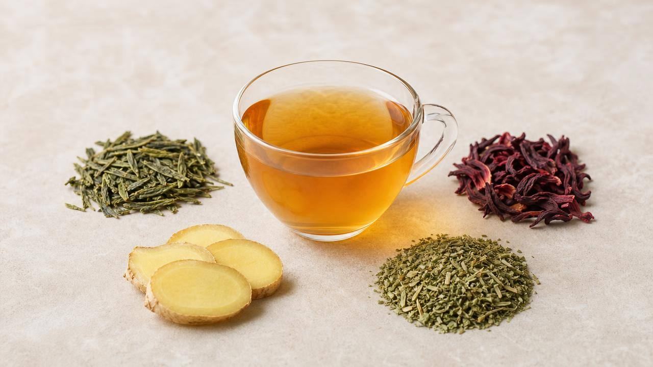 Xícara de chá sem açúcar ao lado de folhas, hibisco seco, gengibre e erva-mate em composição limpa