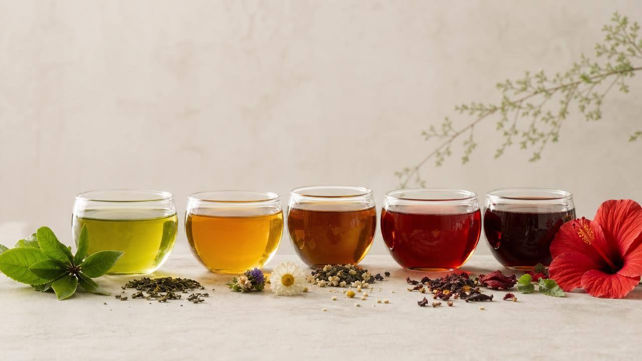 Xícaras com chá verde, chá preto, chá branco, oolong e hibisco sobre mesa clara, em composição editorial limpa.