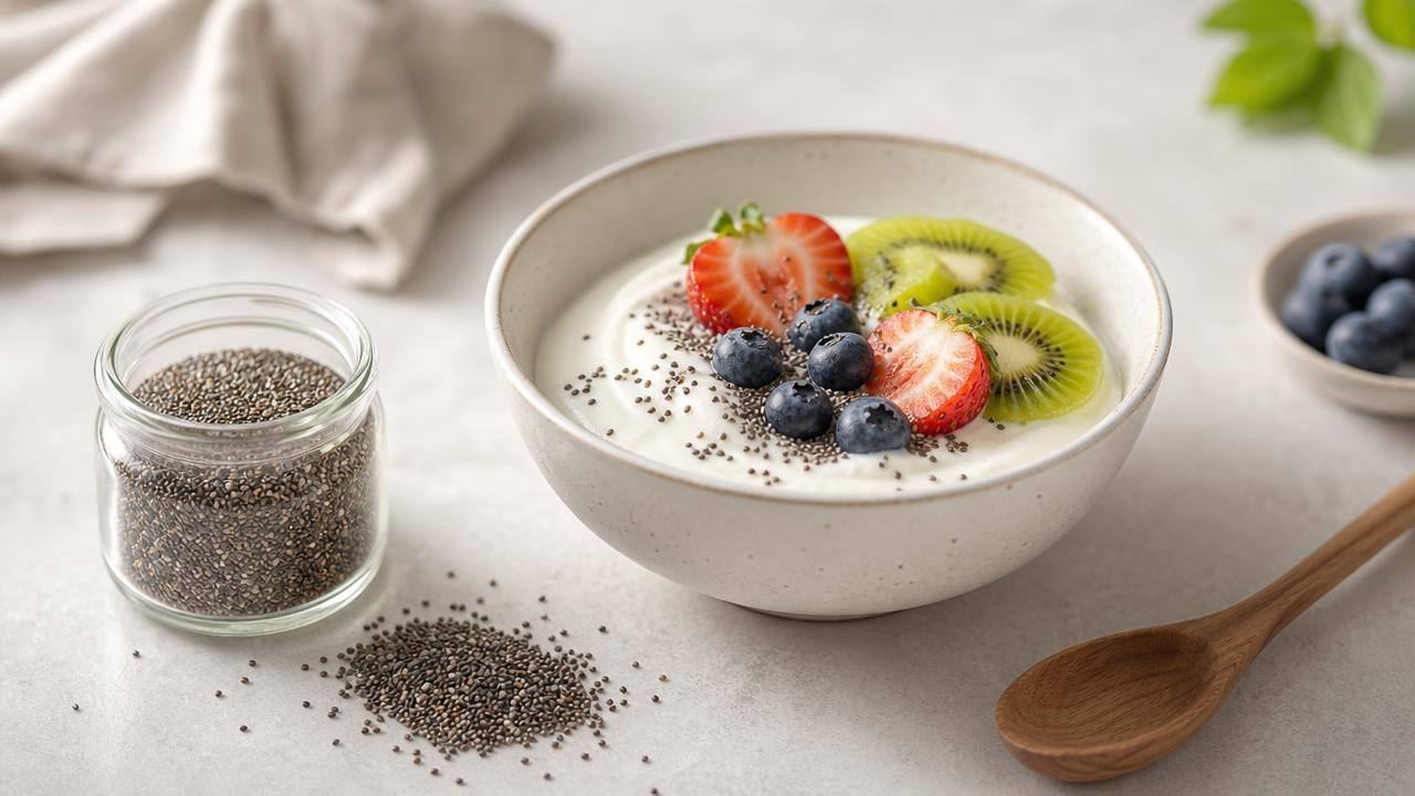 Pote de vidro com sementes de chia ao lado de iogurte natural e frutas frescas sobre mesa clara