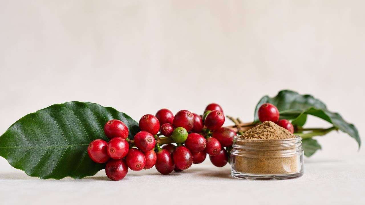 Frutos maduros de café em um ramo ao lado de um pequeno pote com extrato vegetal, em composição editorial limpa.