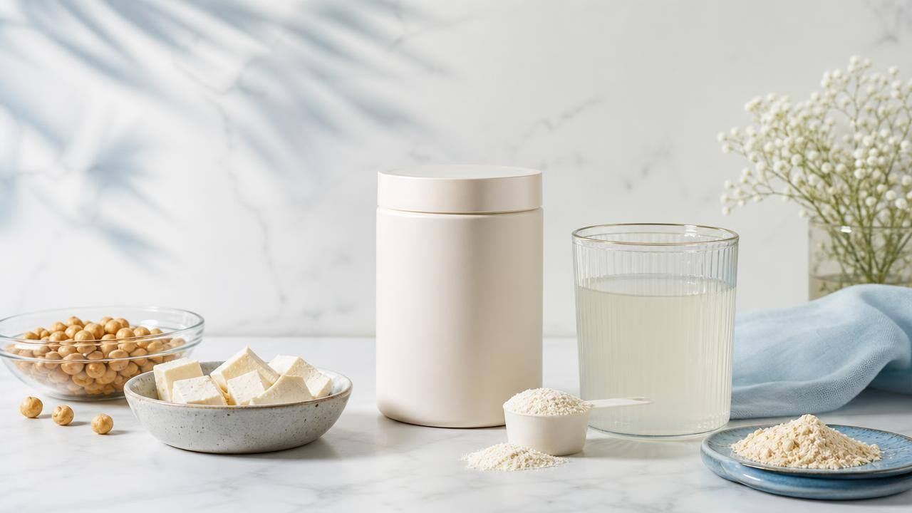 Pote de colágeno em pó, copo com bebida e alimentos proteicos em composição limpa e editorial