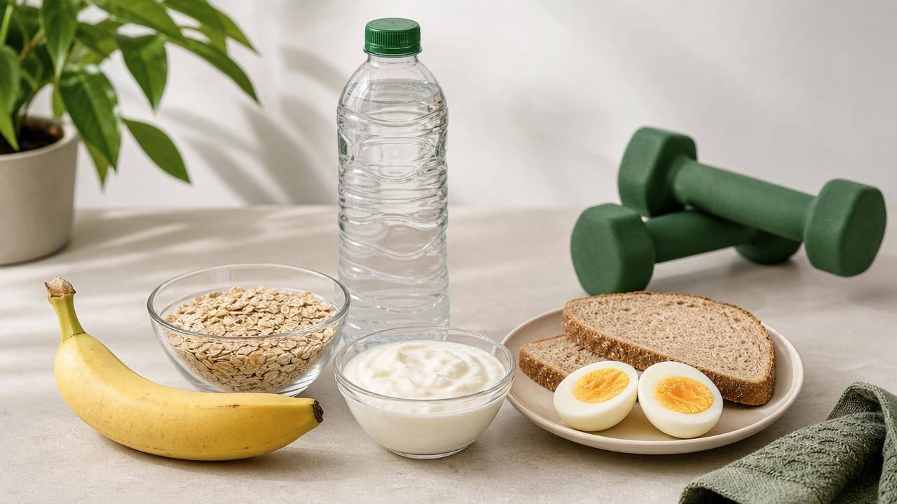Pessoa organizando uma refeição equilibrada com frutas, iogurte, aveia e garrafa de água ao lado de acessórios de academia
