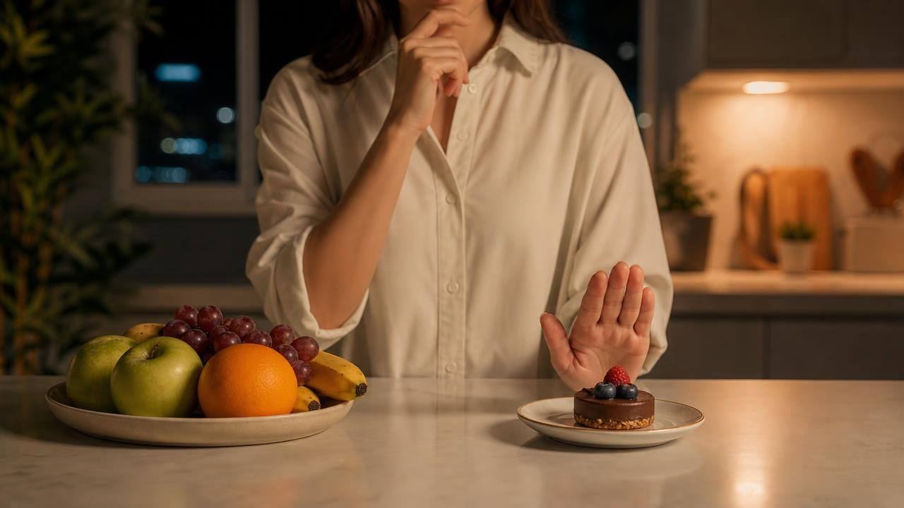 Pessoa escolhendo uma pequena porção de doce ao lado de frutas em uma cozinha à noite