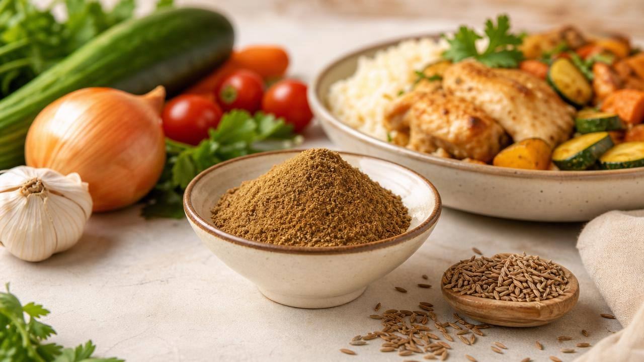 Tigela com cominho em pó e sementes de cominho ao lado de vegetais e uma refeição caseira saudável