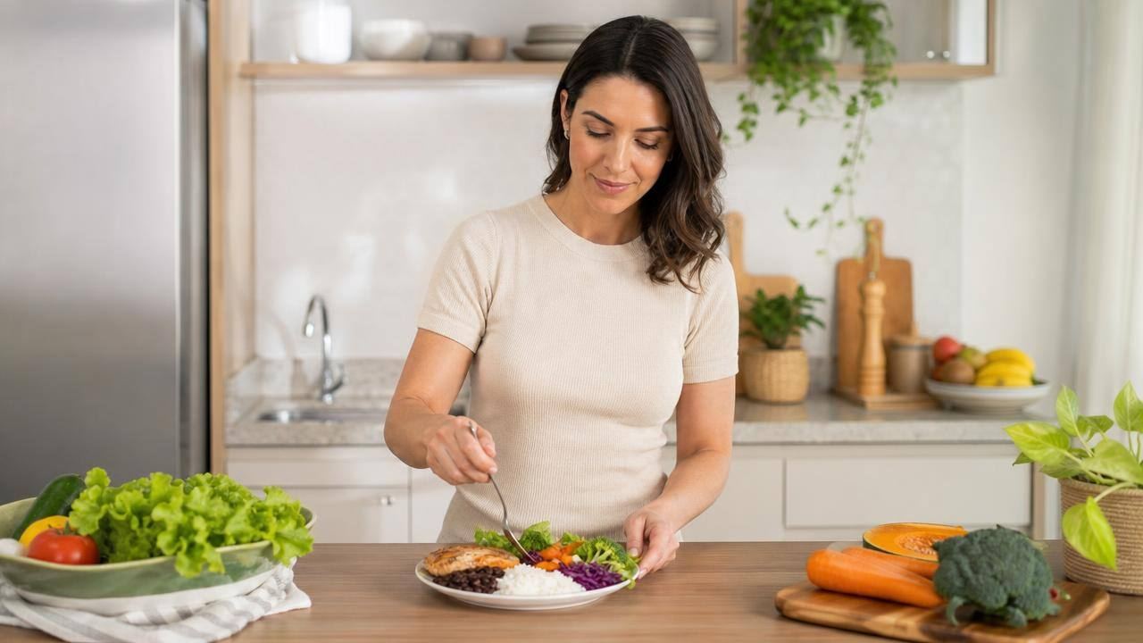 Pessoa organizando uma refeição equilibrada com alimentos naturais em uma cozinha clara