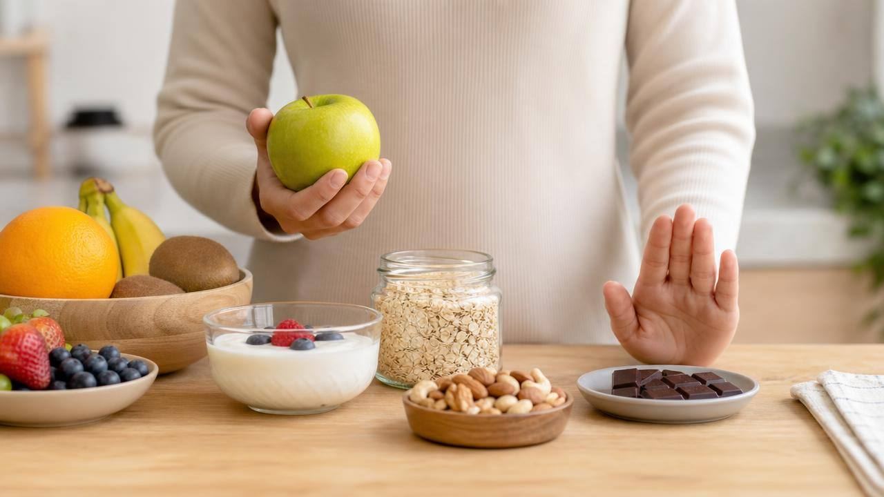 Pessoa organizando uma mesa com frutas, iogurte natural, aveia e pequena porção de chocolate, em ambiente claro e moderno