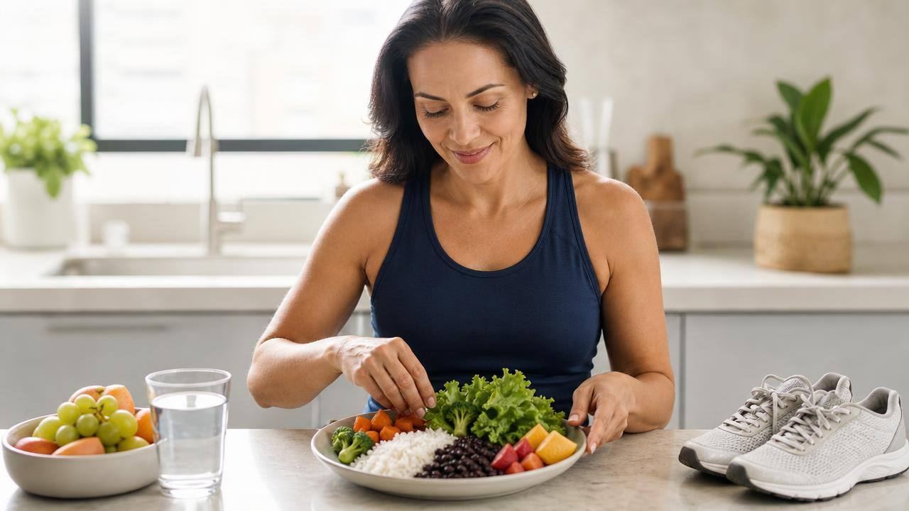 Pessoa adulta organizando uma refeição equilibrada com verduras, leguminosas e alimentos naturais em uma cozinha clara