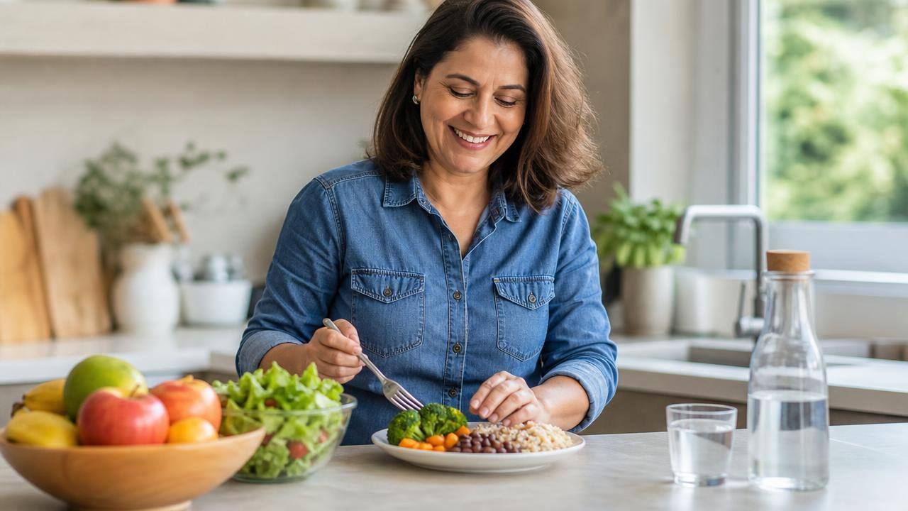Pessoa de meia-idade preparando uma refeição equilibrada com legumes, grãos e frutas em cozinha clara e moderna