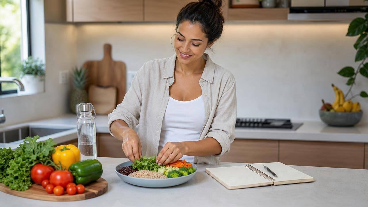 Pessoa preparando uma refeição equilibrada em cozinha clara, com alimentos frescos e caderno de planejamento ao lado